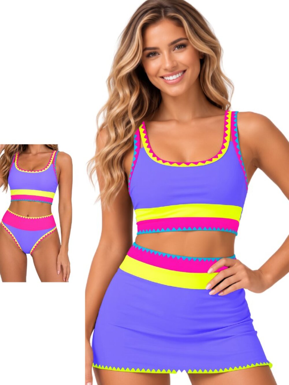POPVIL Small Purple Neon 3Piece High Waisted Bikini with Skirt Tummy Control NWT